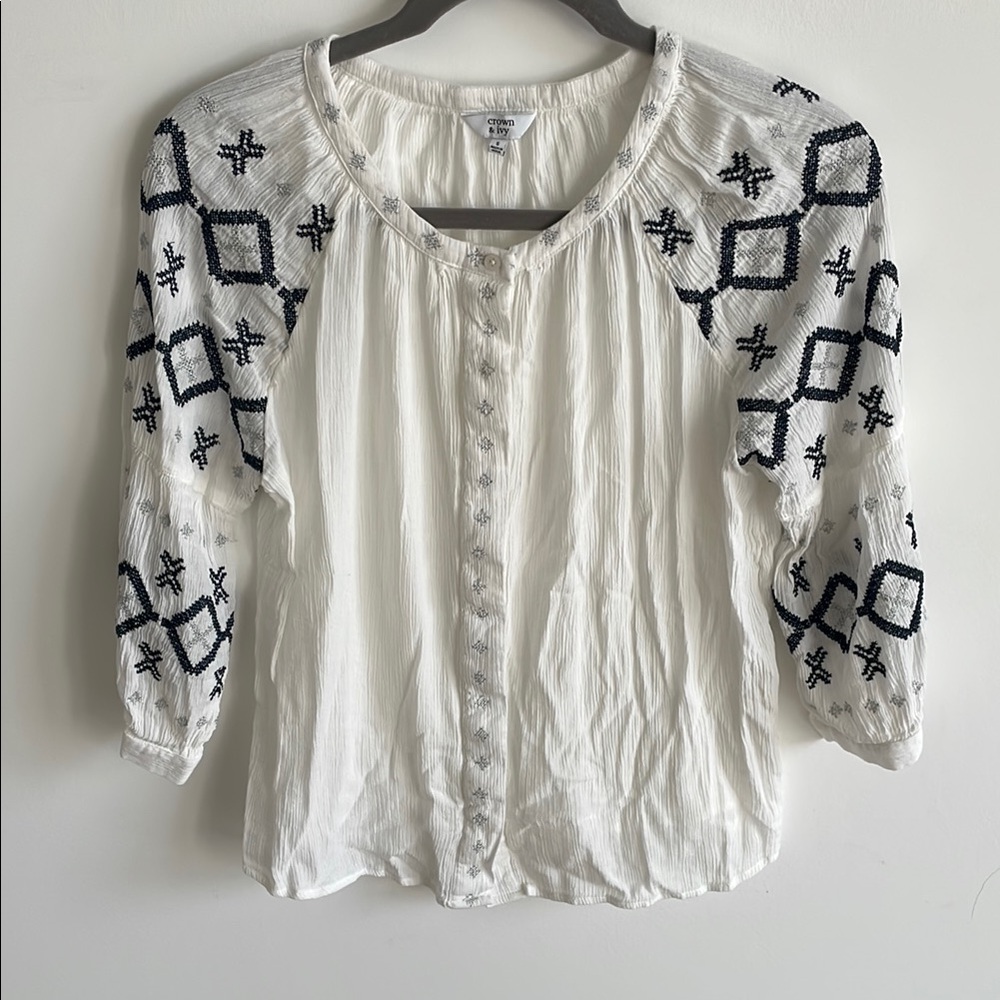 Crown & Ivy White Blouse with Navy Geometric Embroidery